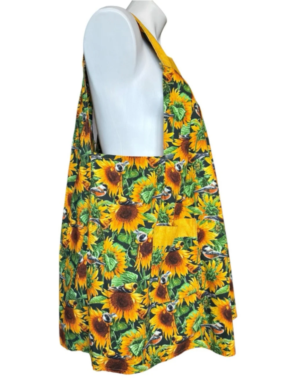 Handmade Sunflower Bird Print Smock Apron Pinafore Open Back Pockets Vintage